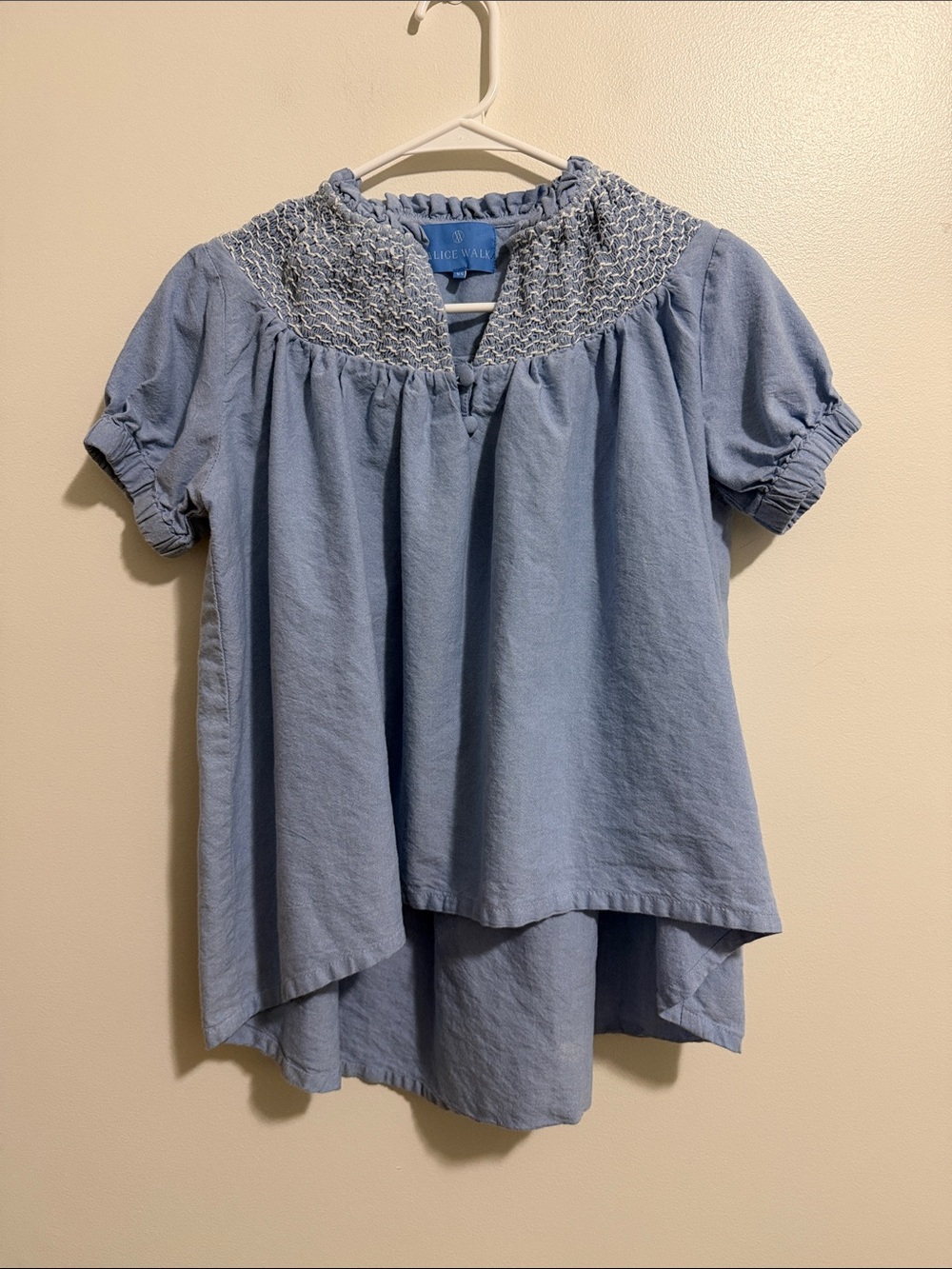 Alice Walk Blue White Smocked Short Puff Sleeve Top Blouse Womens XS